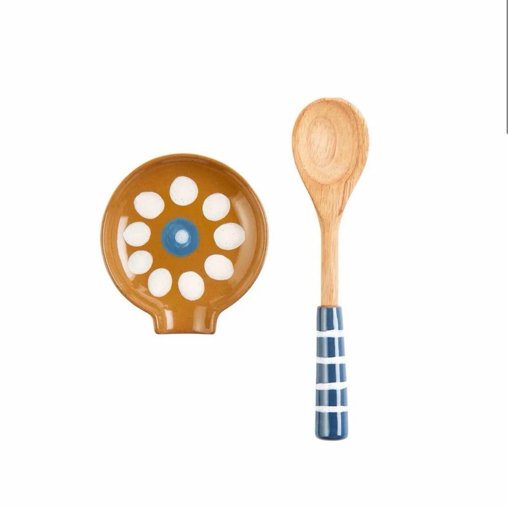 NWT Yellow & Blue Polka Dot Spoon Rest Set